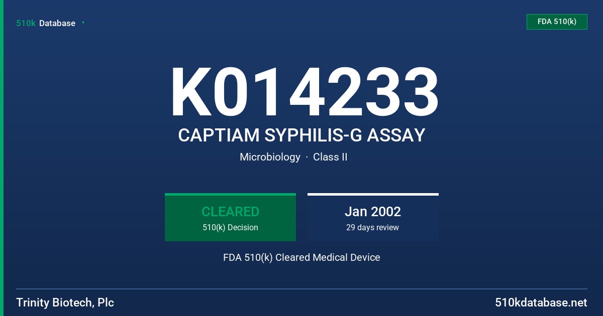 K014233 CAPTIAM SYPHILIS-G ASSAY FDA 510(k) Cleared Medical Device