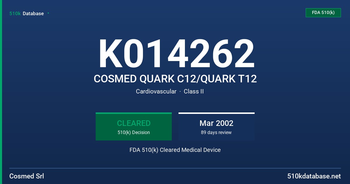 K014262 COSMED QUARK C12/QUARK T12 FDA 510(k) Cleared Medical Device