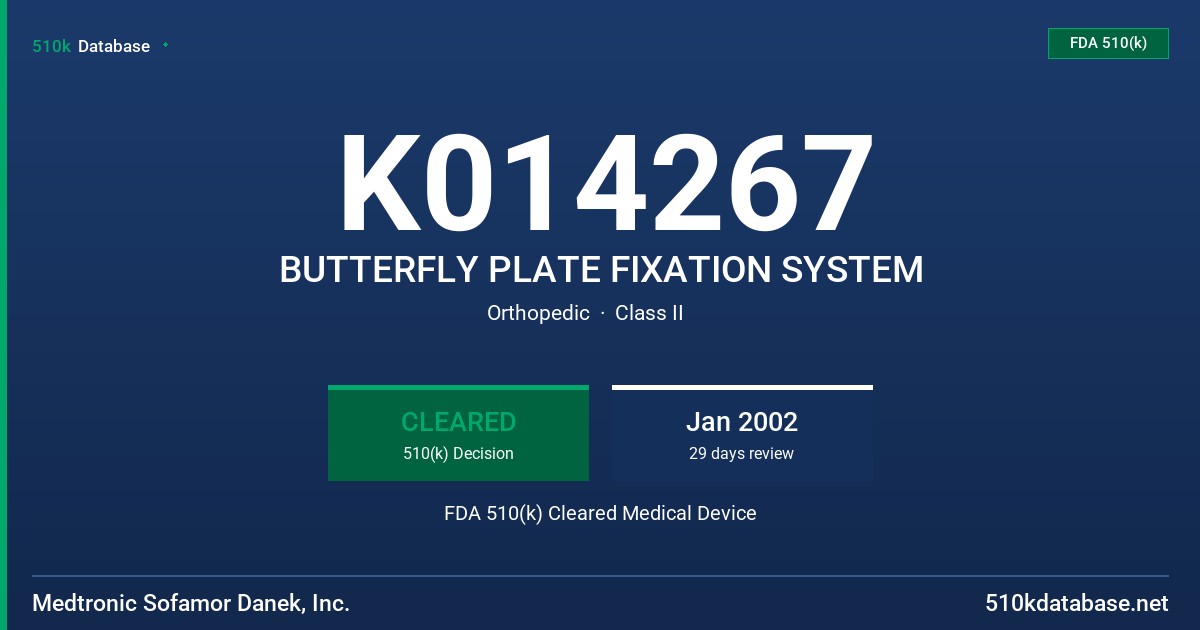 K014267 BUTTERFLY PLATE FIXATION SYSTEM FDA 510(k) Cleared Medical Device