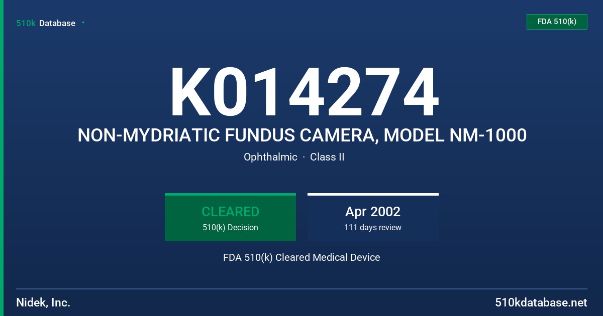 K014274 NON-MYDRIATIC FUNDUS CAMERA, MODEL NM-1000 FDA 510(k) Cleared Medical Device