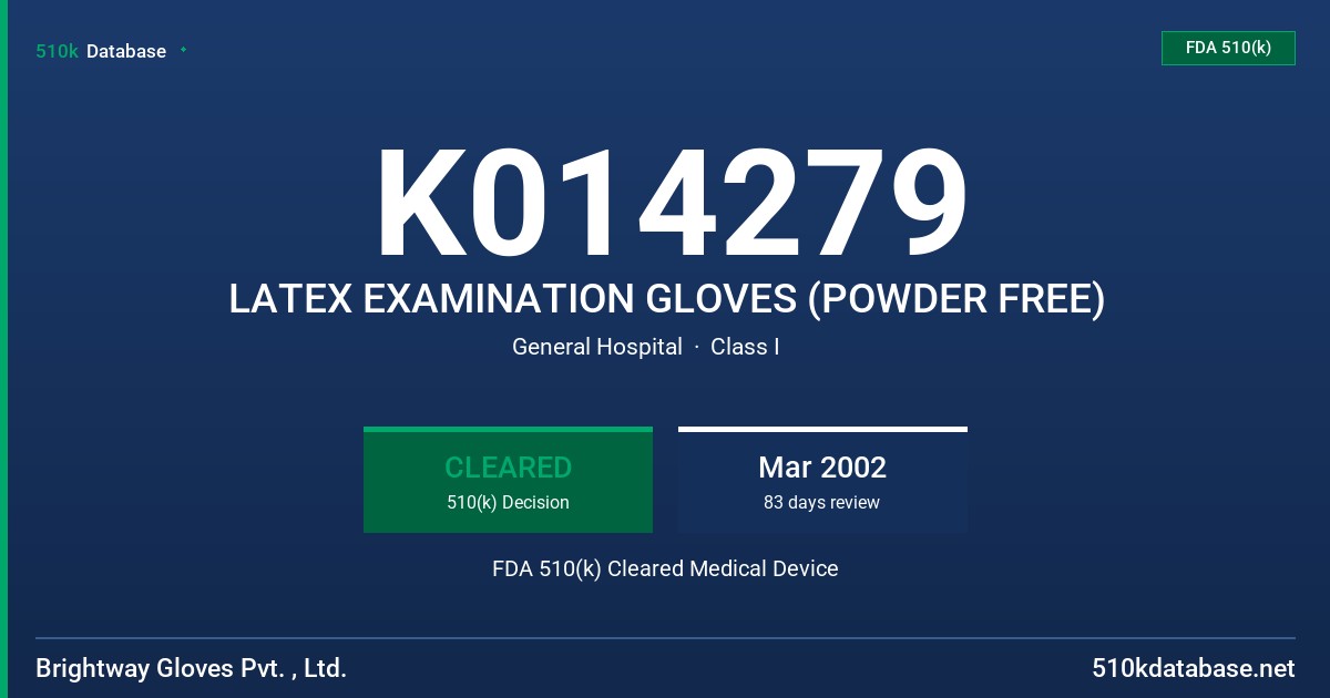 K014279 LATEX EXAMINATION GLOVES (POWDER FREE) FDA 510(k) Cleared Medical Device