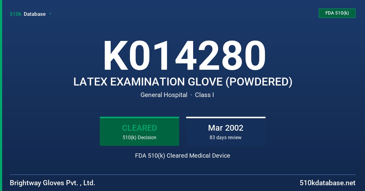 K014280 LATEX EXAMINATION GLOVE (POWDERED) FDA 510(k) Cleared Medical Device