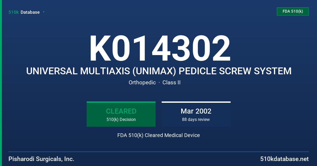 K014302 UNIVERSAL MULTIAXIS (UNIMAX) PEDICLE SCREW SYSTEM FDA 510(k) Cleared Medical Device