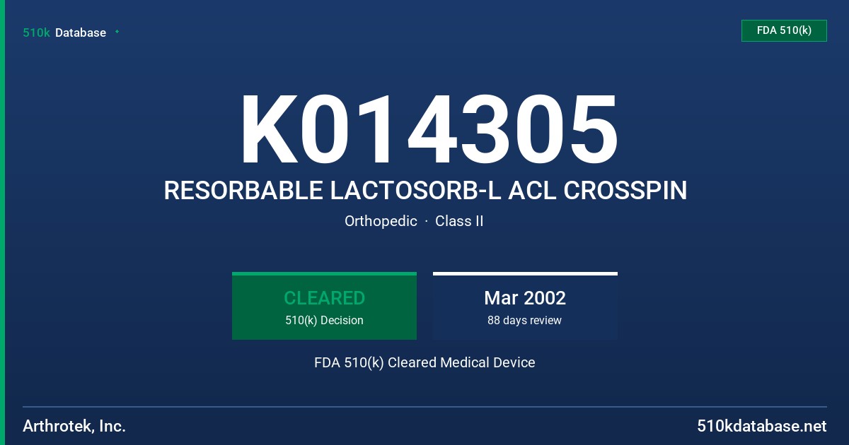 K014305 RESORBABLE LACTOSORB-L ACL CROSSPIN FDA 510(k) Cleared Medical Device