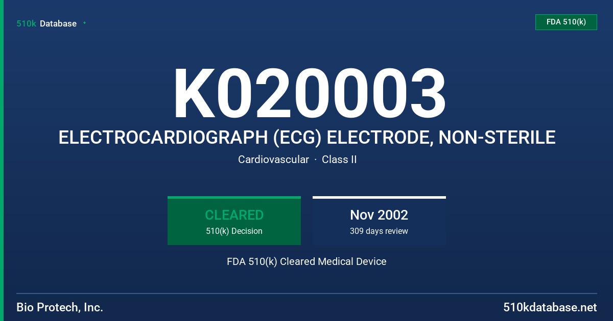 K020003 ELECTROCARDIOGRAPH (ECG) ELECTRODE, NON-STERILE FDA 510(k) Cleared Medical Device