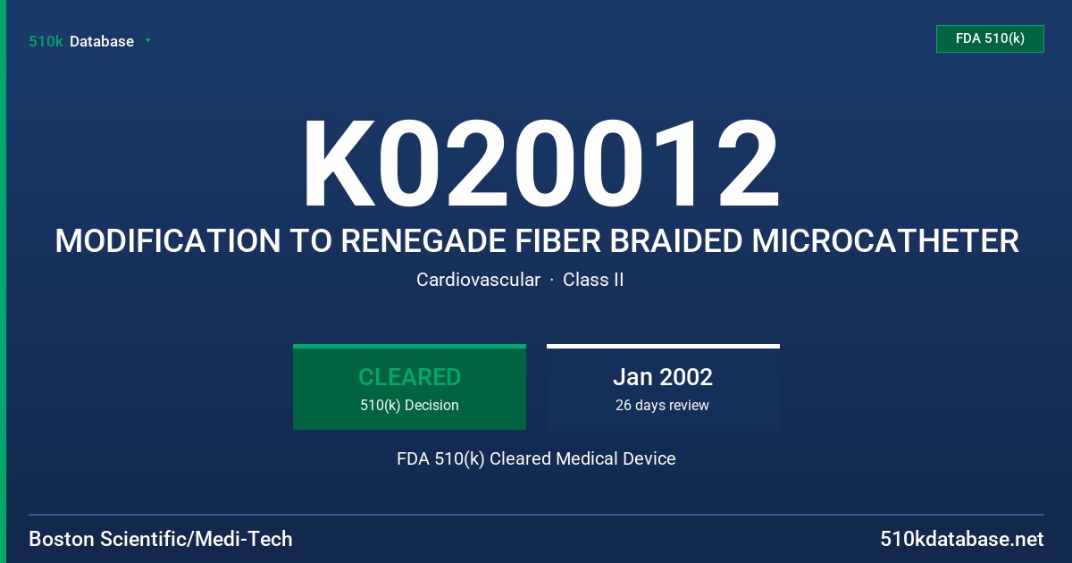 K020012 MODIFICATION TO RENEGADE FIBER BRAIDED MICROCATHETER FDA 510(k) Cleared Medical Device