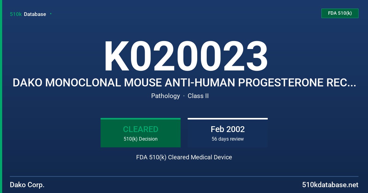 K020023 DAKO MONOCLONAL MOUSE ANTI-HUMAN PROGESTERONE RECEPTOR, CLONE PGR 636, ANTIBODY FOR IMMUNOENZYMATIC STAINING FDA 510(k) Cleared Medical Device
