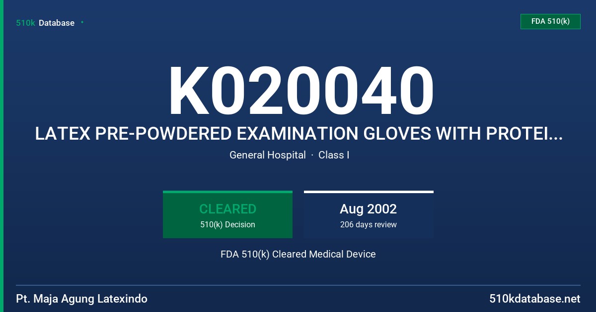 K020040 LATEX PRE-POWDERED EXAMINATION GLOVES WITH PROTEIN CLAIM FDA 510(k) Cleared Medical Device