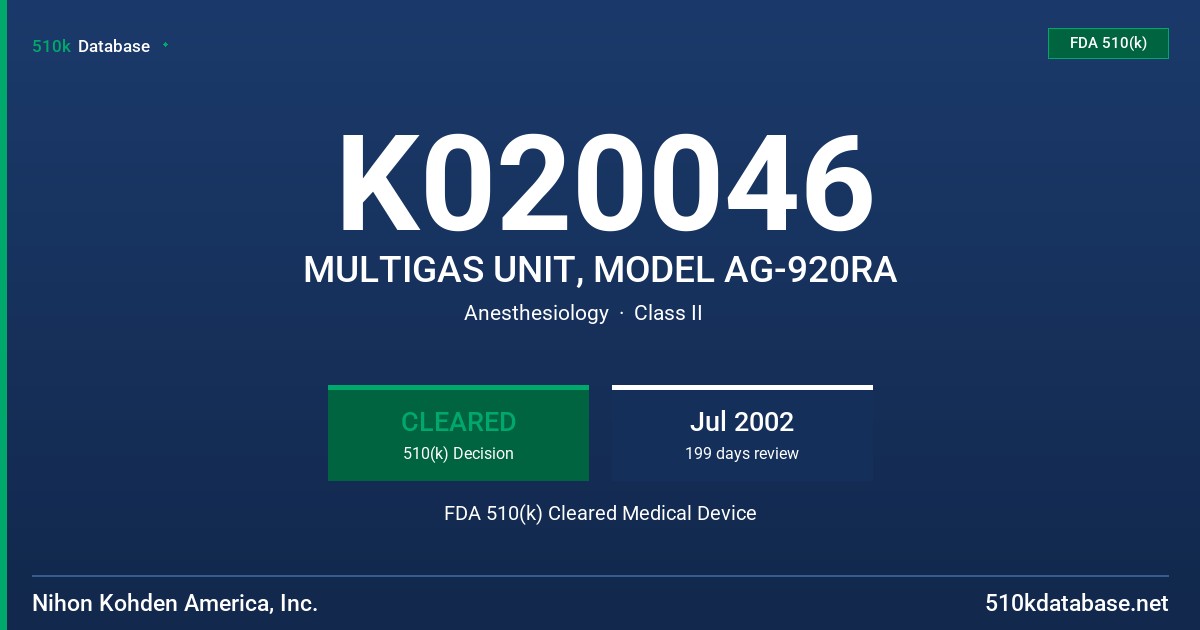 K020046 MULTIGAS UNIT, MODEL AG-920RA FDA 510(k) Cleared Medical Device