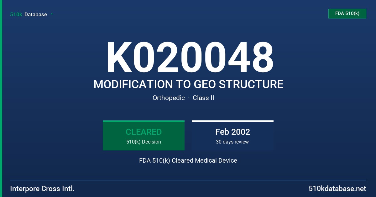 K020048 MODIFICATION TO GEO STRUCTURE FDA 510(k) Cleared Medical Device
