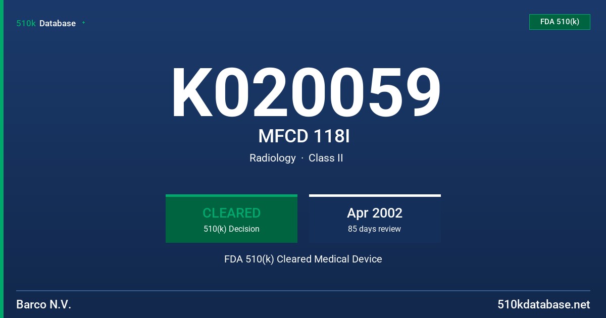 K020059 MFCD 118I FDA 510(k) Cleared Medical Device