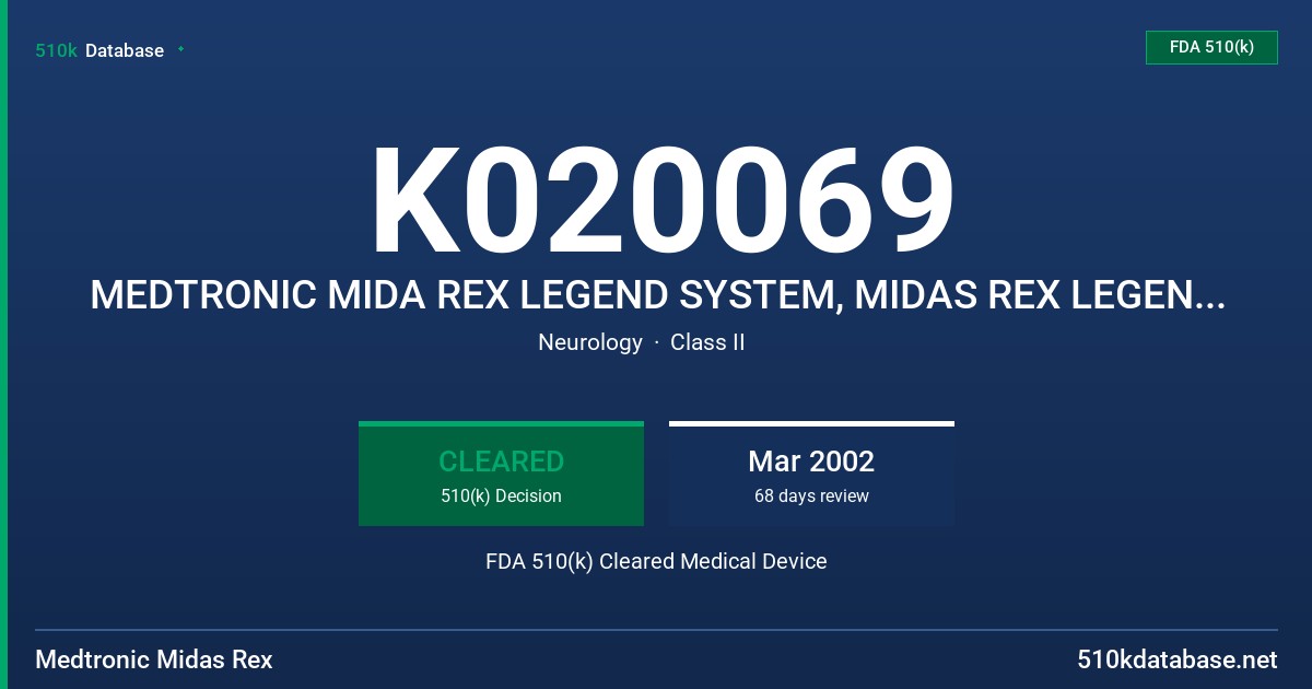 K020069 MEDTRONIC MIDA REX LEGEND SYSTEM, MIDAS REX LEGEND PNEUMATIC HIGH SPEED SYSTEM OR LEGEND SYSTEM FDA 510(k) Cleared Medical Device