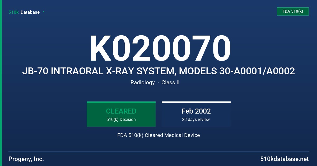 K020070 JB-70 INTRAORAL X-RAY SYSTEM, MODELS 30-A0001/A0002 FDA 510(k) Cleared Medical Device