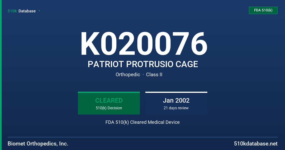 K020076 PATRIOT PROTRUSIO CAGE FDA 510(k) Cleared Medical Device
