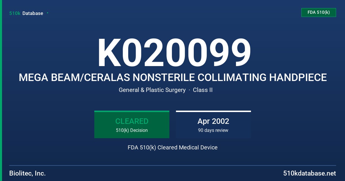 K020099 MEGA BEAM/CERALAS NONSTERILE COLLIMATING HANDPIECE FDA 510(k) Cleared Medical Device