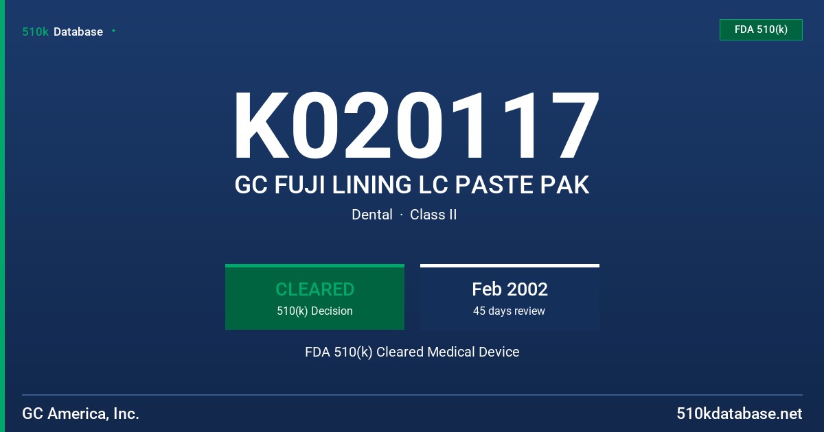 K020117 GC FUJI LINING LC PASTE PAK FDA 510(k) Cleared Medical Device