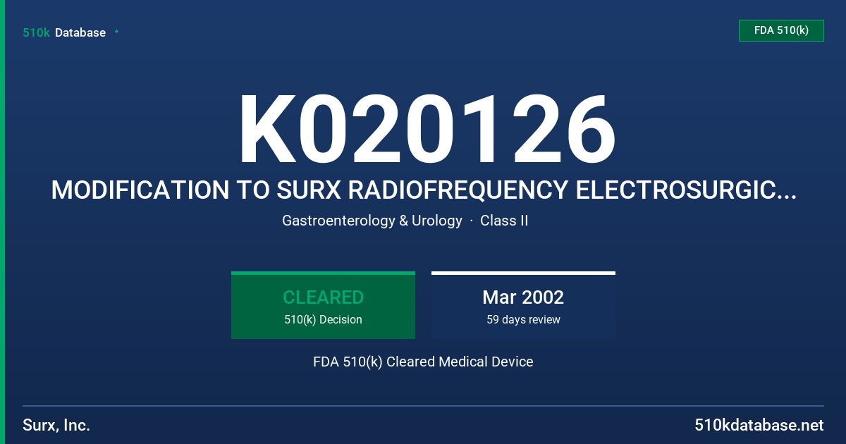 K020126 MODIFICATION TO SURX RADIOFREQUENCY ELECTROSURGICAL GENERATOR SYSTEM AND ACCESSORIES (SURX TV SYSTEM) FDA 510(k) Cleared Medical Device