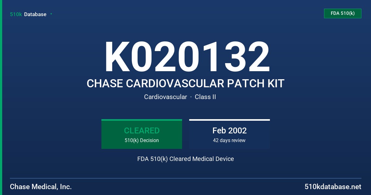 K020132 CHASE CARDIOVASCULAR PATCH KIT FDA 510(k) Cleared Medical Device