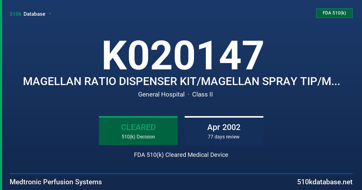 K020147 MAGELLAN RATIO DISPENSER KIT/MAGELLAN SPRAY TIP/MAGELLAN CANNULA TIP FDA 510(k) Cleared Medical Device