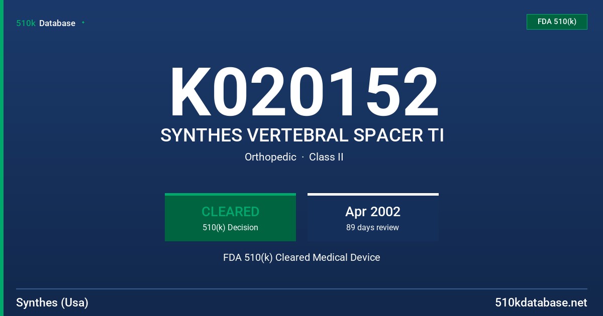 K020152 SYNTHES VERTEBRAL SPACER TI FDA 510(k) Cleared Medical Device