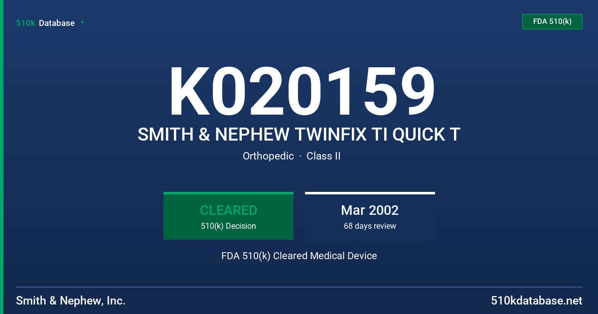 K020159 SMITH & NEPHEW TWINFIX TI QUICK T FDA 510(k) Cleared Medical Device