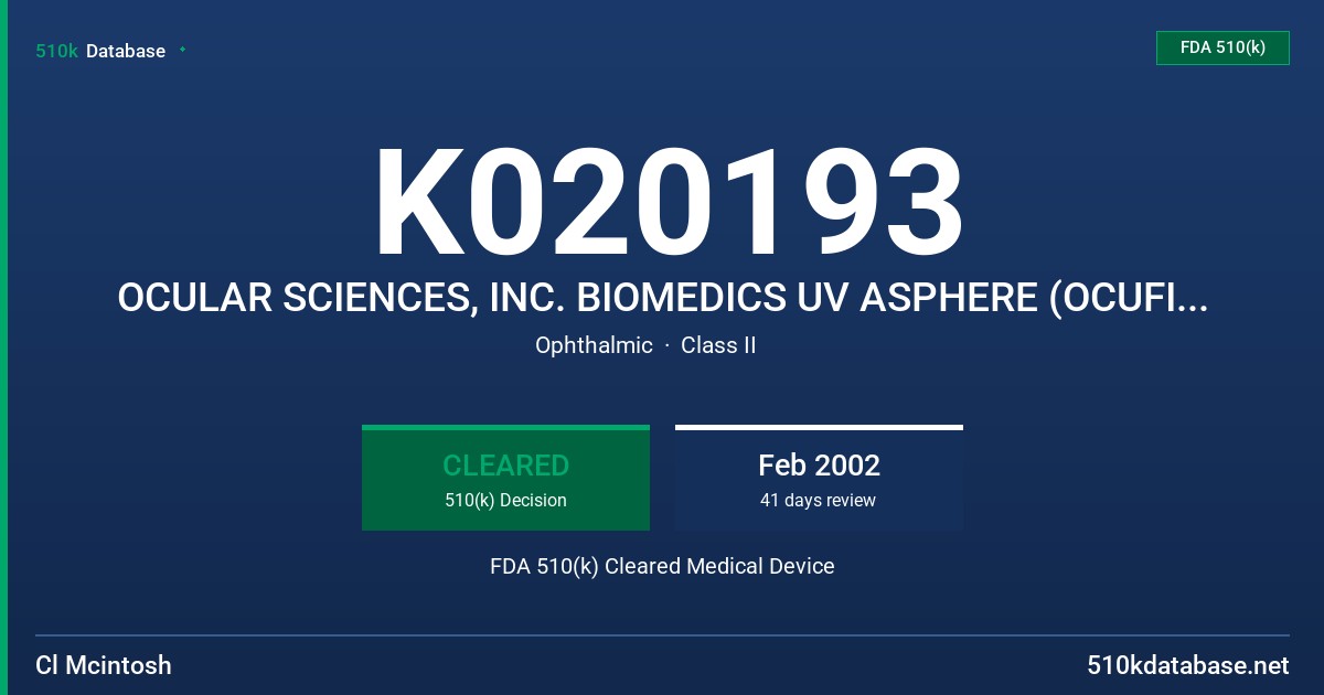 K020193 OCULAR SCIENCES, INC. BIOMEDICS UV ASPHERE (OCUFILCON D) SOFT (HYDROPHILIC) CONTACT LENS FDA 510(k) Cleared Medical Device