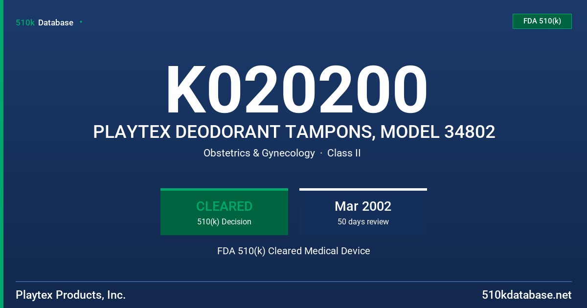 K020200 PLAYTEX DEODORANT TAMPONS, MODEL 34802 FDA 510(k) Cleared Medical Device