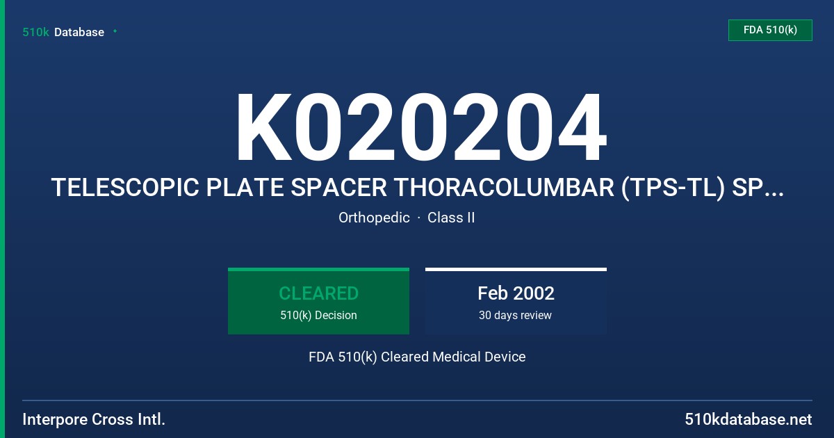 K020204 TELESCOPIC PLATE SPACER THORACOLUMBAR (TPS-TL) SPINAL SYSTEM, MODELS 8123, 8124, 8132, 8133, 8156, 8157, 8158, & 8189 FDA 510(k) Cleared Medical Device