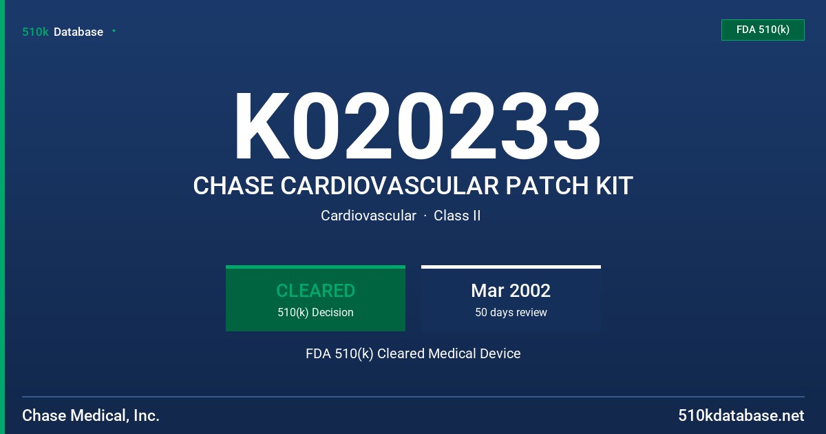 K020233 CHASE CARDIOVASCULAR PATCH KIT FDA 510(k) Cleared Medical Device