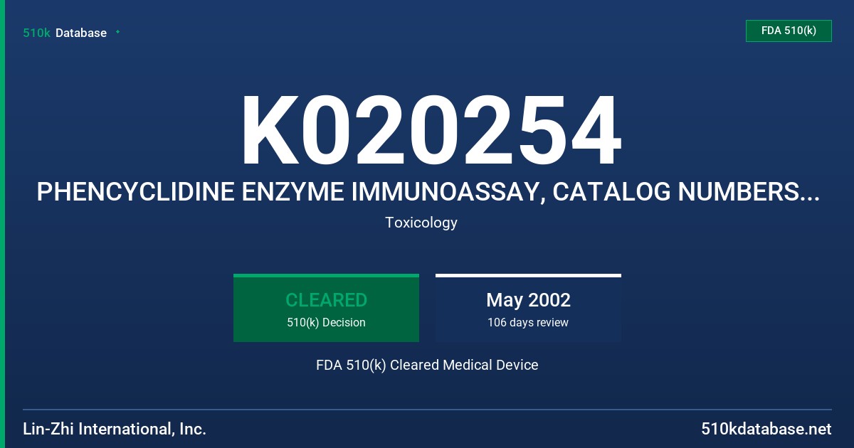 K020254 PHENCYCLIDINE ENZYME IMMUNOASSAY, CATALOG NUMBERS 0010 & 0011 FDA 510(k) Cleared Medical Device