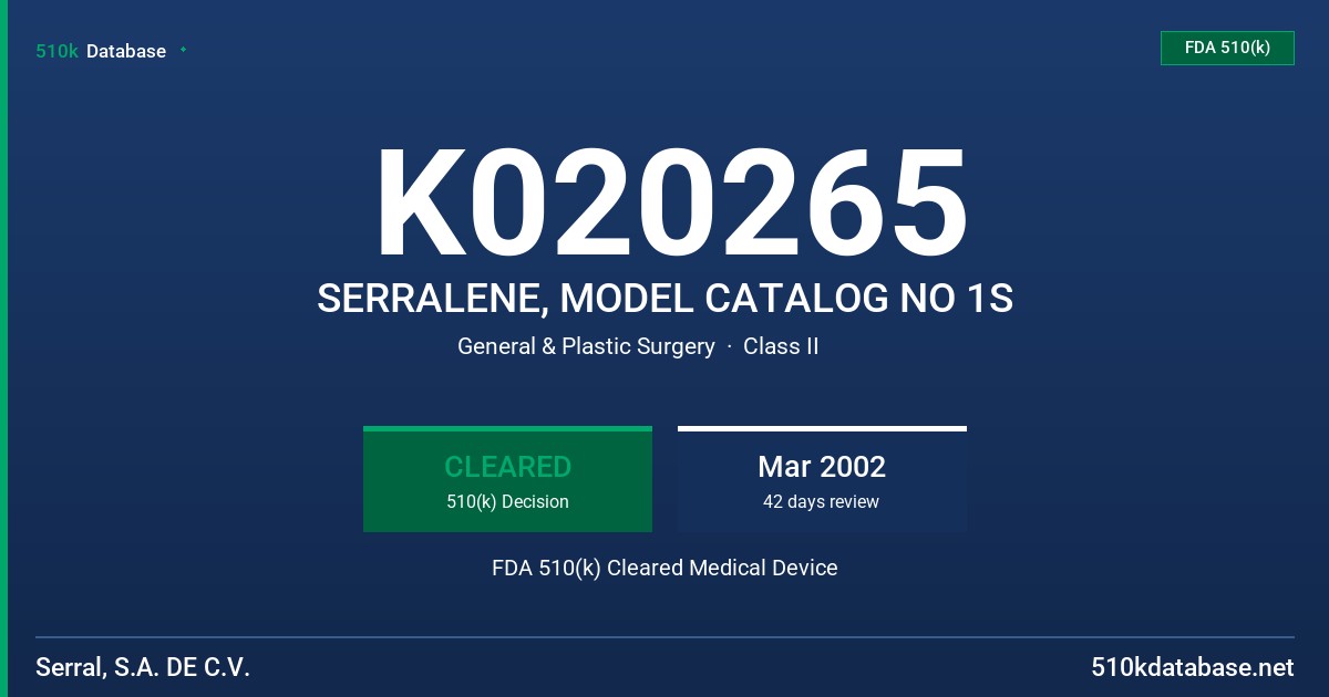 K020265 SERRALENE, MODEL CATALOG NO 1S FDA 510(k) Cleared Medical Device
