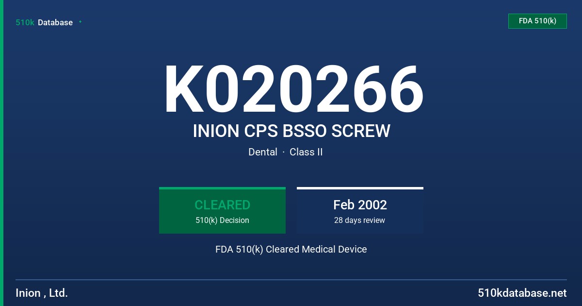 K020266 INION CPS BSSO SCREW FDA 510(k) Cleared Medical Device