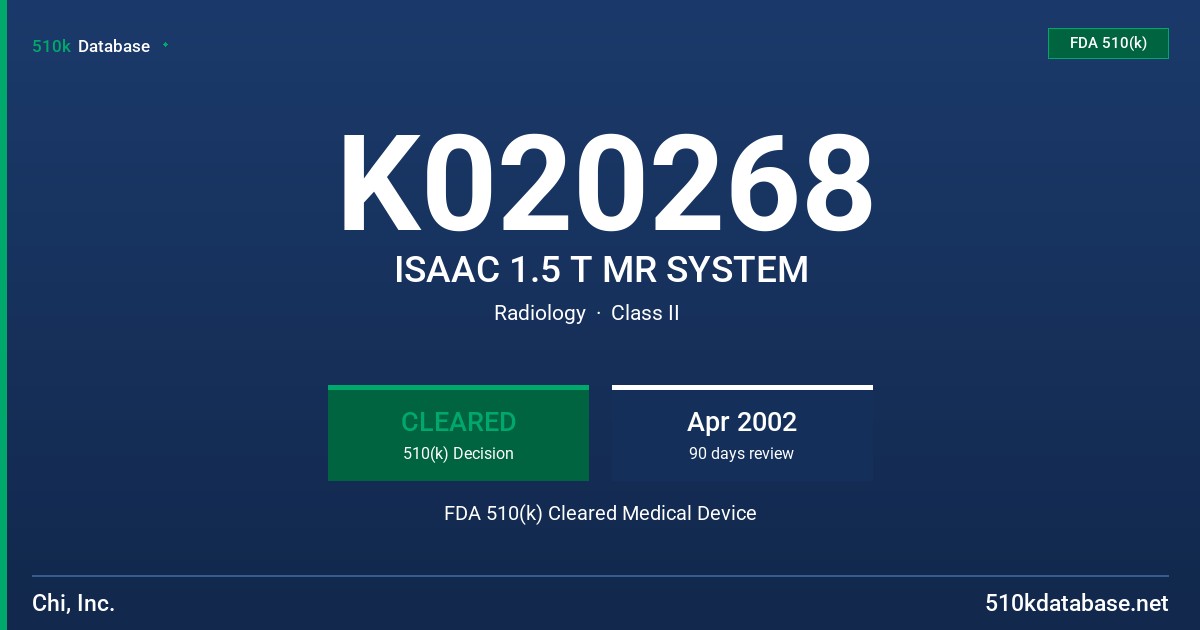 K020268 ISAAC 1.5 T MR SYSTEM FDA 510(k) Cleared Medical Device