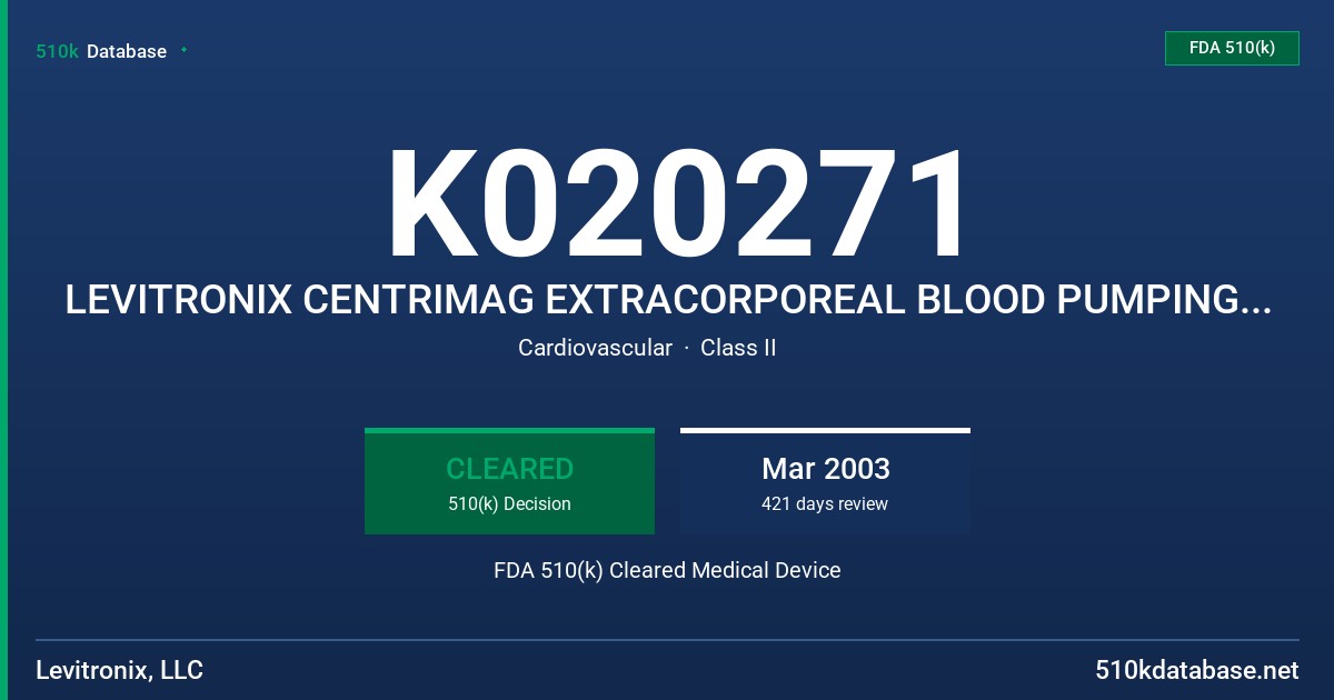 K020271 LEVITRONIX CENTRIMAG EXTRACORPOREAL BLOOD PUMPING SYSTEM, MODEL L-100 FDA 510(k) Cleared Medical Device
