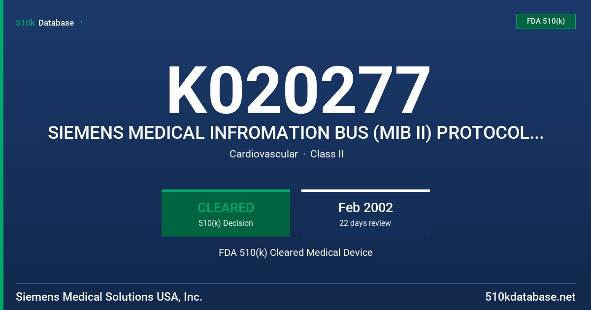 K020277 SIEMENS MEDICAL INFROMATION BUS (MIB II) PROTOCOL CONVERTER FDA 510(k) Cleared Medical Device