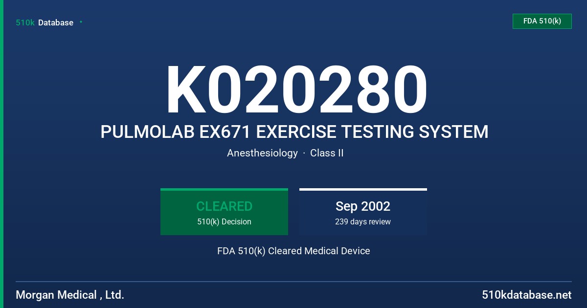 K020280 PULMOLAB EX671 EXERCISE TESTING SYSTEM FDA 510(k) Cleared Medical Device