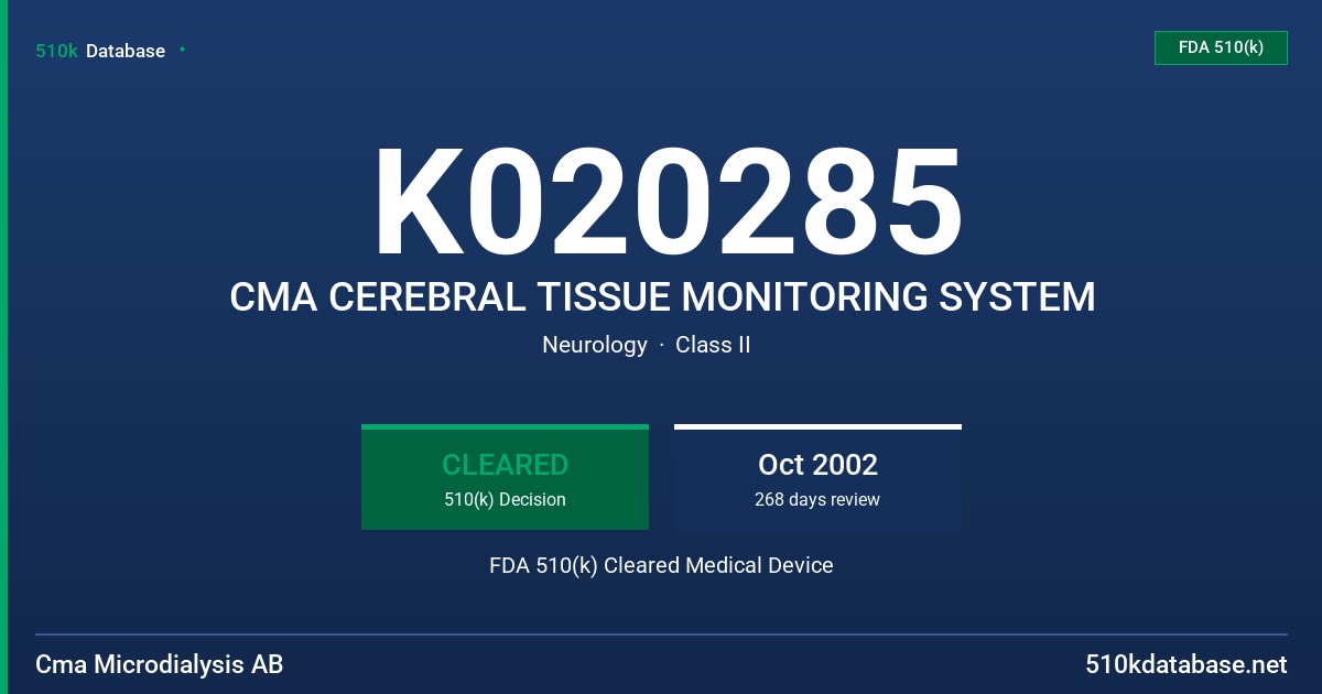 K020285 CMA CEREBRAL TISSUE MONITORING SYSTEM FDA 510(k) Cleared Medical Device
