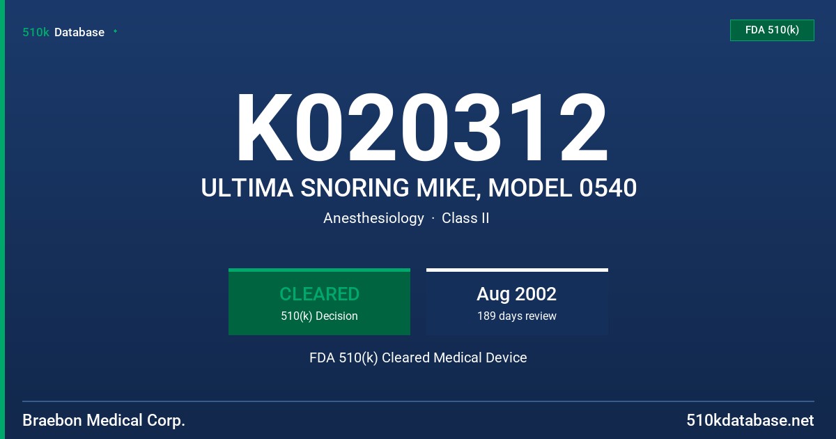 K020312 ULTIMA SNORING MIKE, MODEL 0540 FDA 510(k) Cleared Medical Device