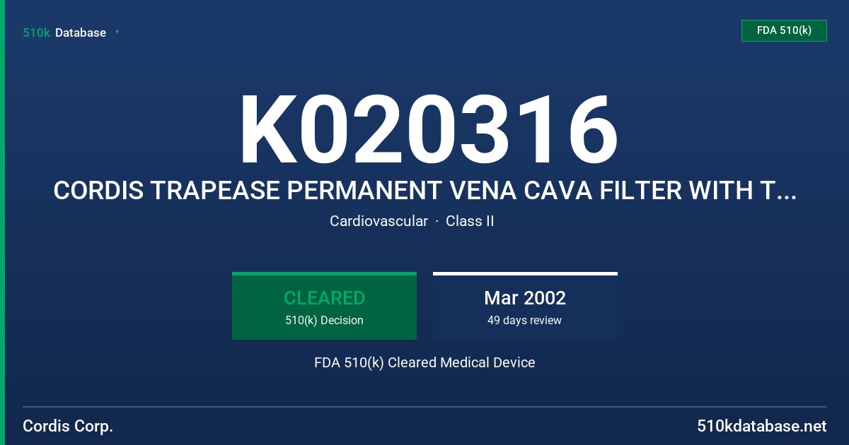 K020316 CORDIS TRAPEASE PERMANENT VENA CAVA FILTER WITH THE VISEASE ANGIOGRAPHIC VESSEL DILATOR FDA 510(k) Cleared Medical Device