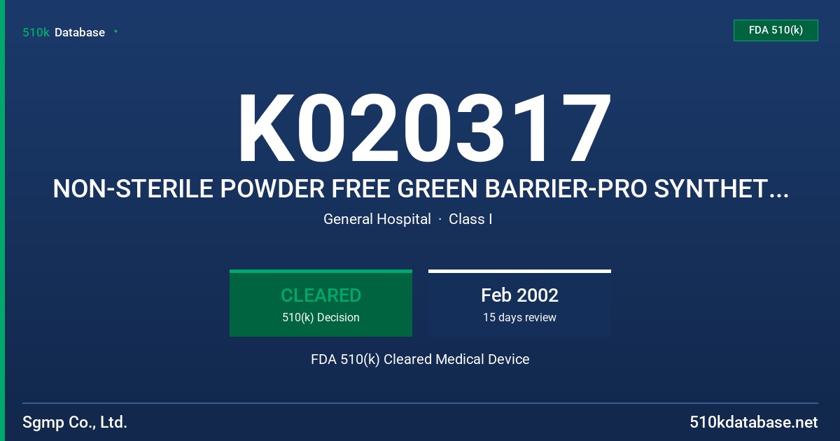 K020317 NON-STERILE POWDER FREE GREEN BARRIER-PRO SYNTHETIC BUTADIENE COPOLYMER EXAMINATION GLOVE, COLOR: BLUE FDA 510(k) Cleared Medical Device
