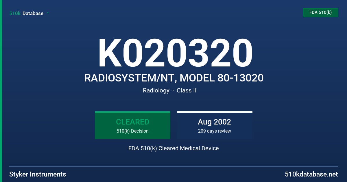 K020320 RADIOSYSTEM/NT, MODEL 80-13020 FDA 510(k) Cleared Medical Device