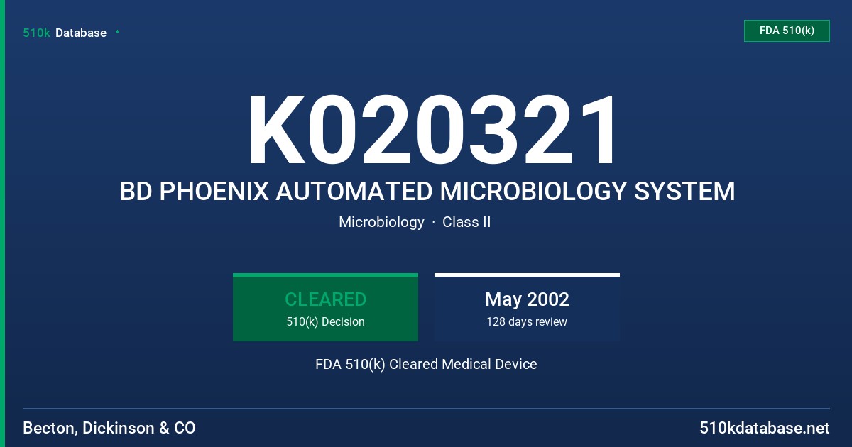 K020321 BD PHOENIX AUTOMATED MICROBIOLOGY SYSTEM FDA 510(k) Cleared Medical Device