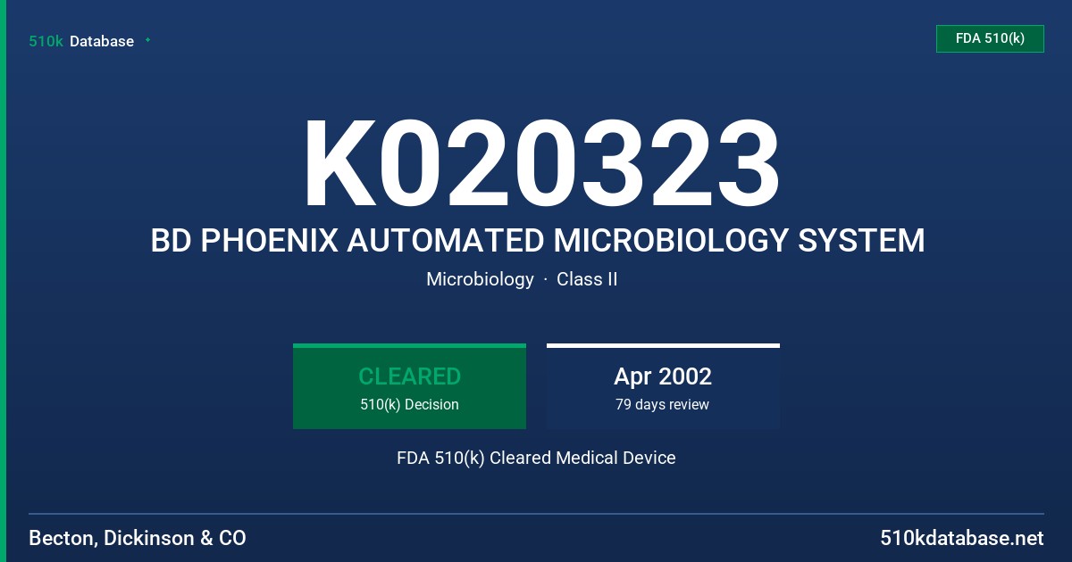 K020323 BD PHOENIX AUTOMATED MICROBIOLOGY SYSTEM FDA 510(k) Cleared Medical Device