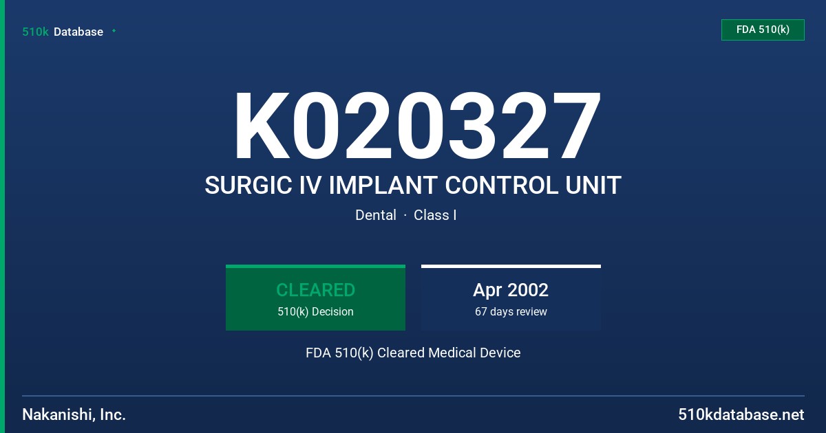 K020327 SURGIC IV IMPLANT CONTROL UNIT FDA 510(k) Cleared Medical Device