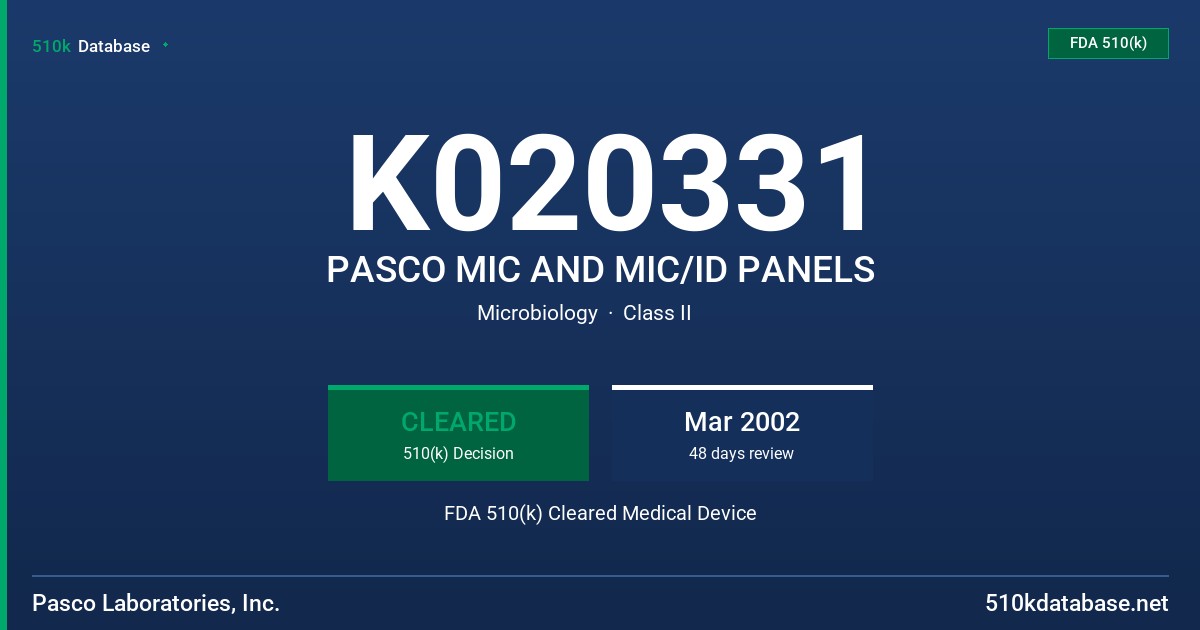 K020331 PASCO MIC AND MIC/ID PANELS FDA 510(k) Cleared Medical Device