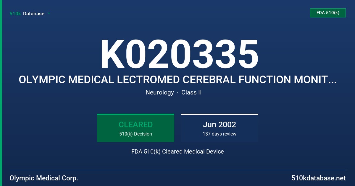 K020335 OLYMPIC MEDICAL LECTROMED CEREBRAL FUNCTION MONITOR SYSTEM, MODEL 5330 FDA 510(k) Cleared Medical Device