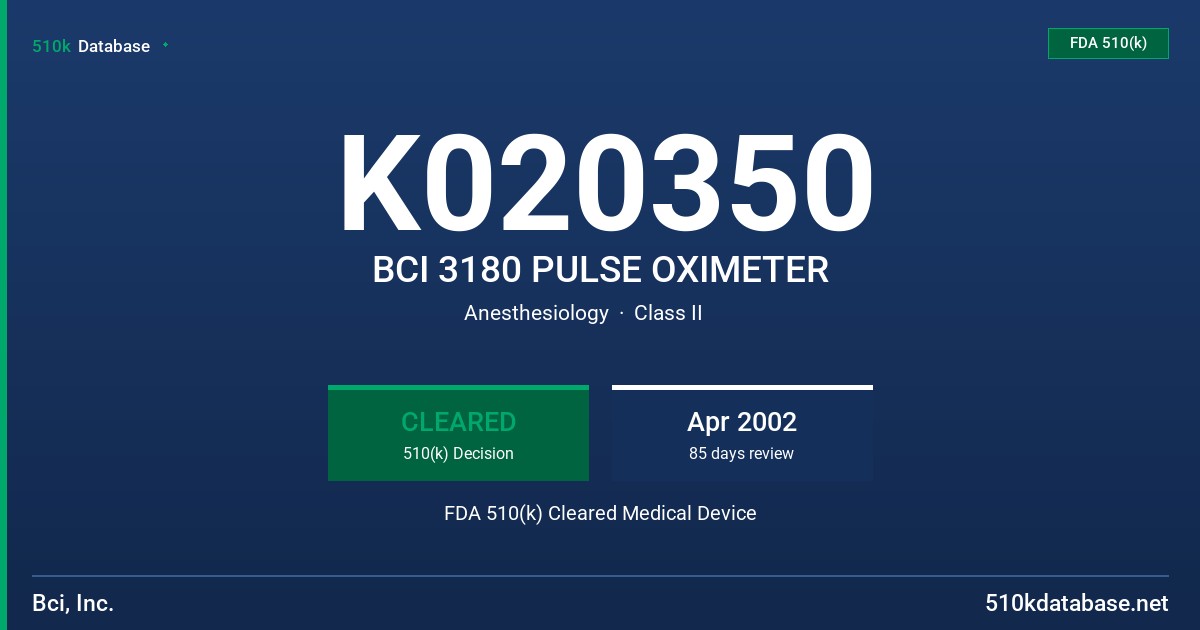 K020350 BCI 3180 PULSE OXIMETER FDA 510(k) Cleared Medical Device