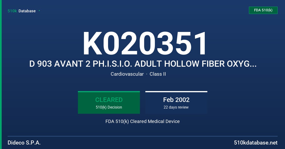 K020351 D 903 AVANT 2 PH.I.S.I.O. ADULT HOLLOW FIBER OXYGENATOR FDA 510(k) Cleared Medical Device