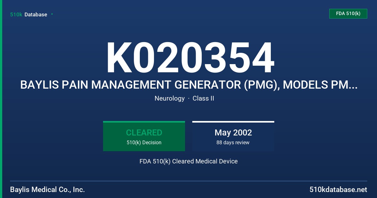 K020354 BAYLIS PAIN MANAGEMENT GENERATOR (PMG), MODELS PMG-115 (DOMESTIC), PMG-230 (INTERNATIONAL) FDA 510(k) Cleared Medical Device
