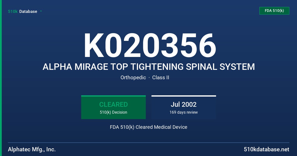 K020356 ALPHA MIRAGE TOP TIGHTENING SPINAL SYSTEM FDA 510(k) Cleared Medical Device